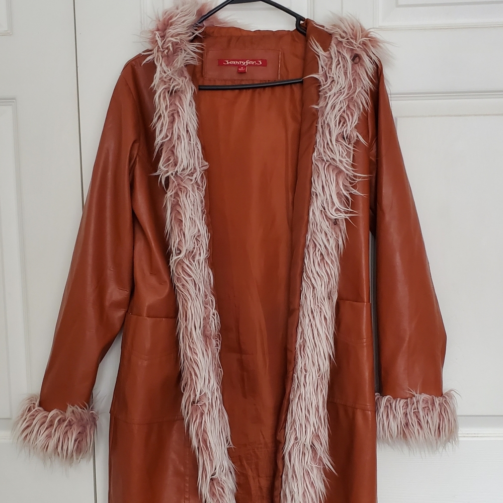Jennifer's J. Faux Leather/Fur Vintage Trench Coat Woman's Size M Brown